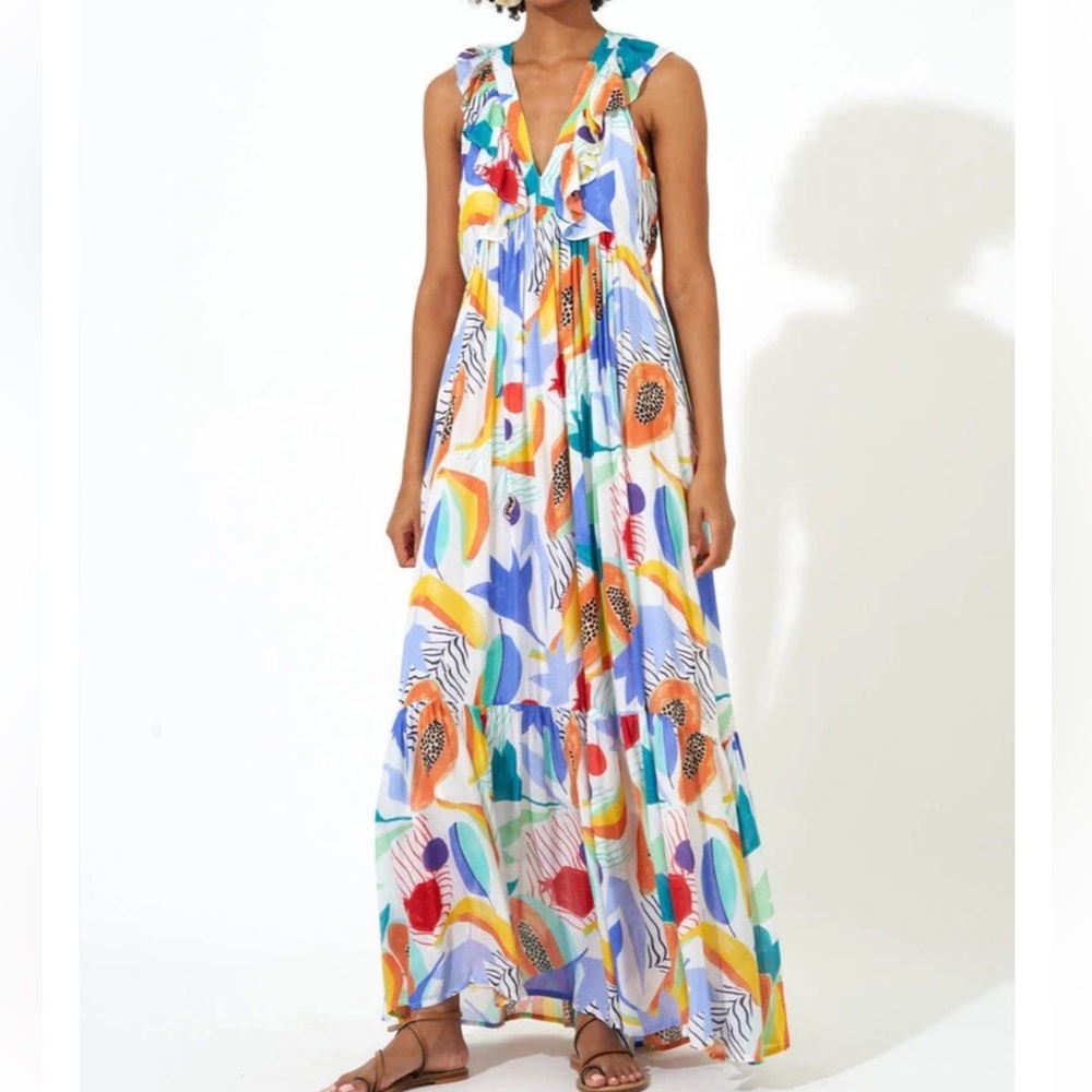 Oliphant Silk Cotton V-Neck Ruffle Maxi Dress Size M Multicolor Papaya Yellow